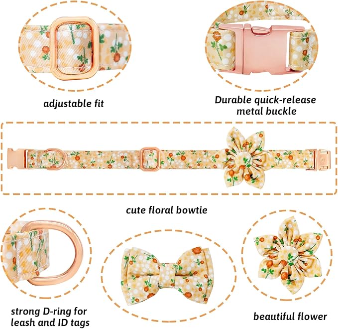 Dog Collar and Leash Set Girls Adjustable Puppy Collars with Floral Bow Tie for Small Medium Large Female Dogs, YellowFlower, XS