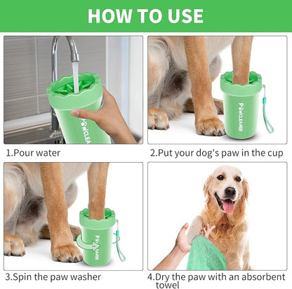 Professional 7 in 1 Dog Paw Cleaner for Dogs - Includes 1 Portable Paw Washer, 1 Bath Brush, 2 Dog Toothbrushes and 3 Absorbent Towels Note: Fits Paws 1.5 to 2.5 Inches Wide (Medium, Light Green)