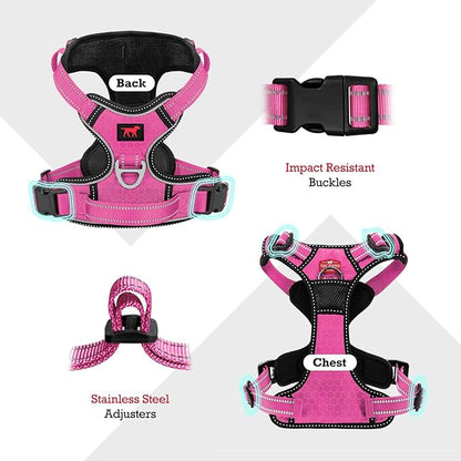 Tuff Pupper No Pull Easy Walk Dog Harness | Heavy Duty Pet Vest | Front & Back Leash Clips | Strong Safety Handle | Reflective Anti Pull Vest | Comfortable Padded Escape Proof Harness (X-Large, Pink)