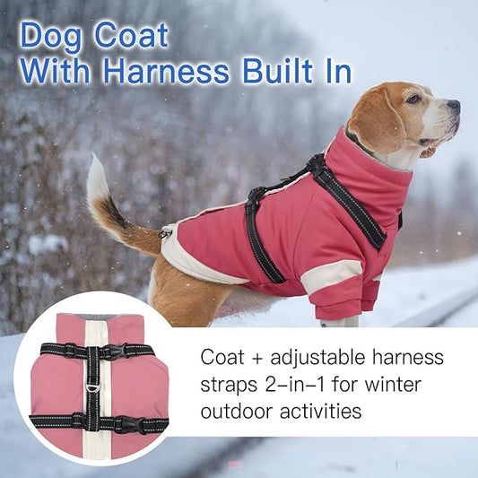 XX-Large Dog Winter Coat with Harness 2 in 1-for Walk The Dogs| Thick and Warm Lining for Cold Winter,Turtleneck Windproof Snowsuit with Sleeves,Night Reflective Harness(Pink)
