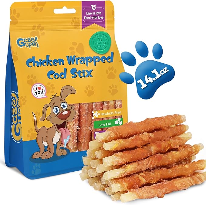 Gazeupon Soft Dog Treats, Healthy Training Treats for Dogs, Rawhide Free Snacks for Small Dogs, Chicken Wrapped Cod Sticks w/Glucosamine Chondroitin