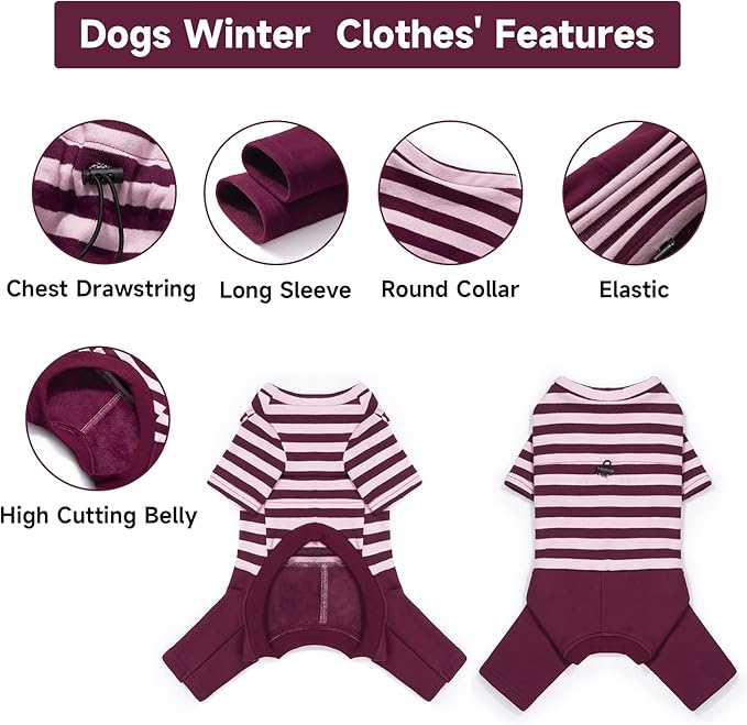 Winter Coat for Dogs - Warm Cotton Cold Weather Striped Round Neck Pajamas, Long Sleeves Jumpsuit, Color-Blocked Clothes for Small Medium Dogs, Onesie Anti Hair Shedding