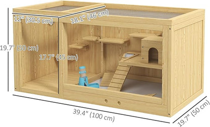 PawHut Wooden Hamster Cage, Extra Large Gerbil Cage, Multi-Layer Small Animal Cage for Dwarf Hamster, Activity Center with Pull-Out Tray, Seesaws, Water Bottle, Ladder, Openable Top