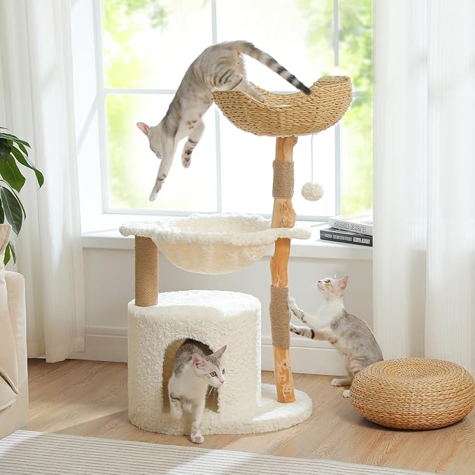 PAWZ Road Modern Cat Tree with Natural Solid Wood Scratching Post, 40 Inches Cat Tower with Spacious Wicker Basket,Large Hammock,Luxury Condo for Indoor Cats