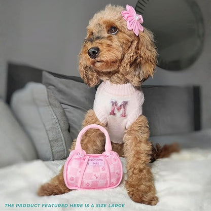 Haute Diggity Dog Pink Checker Chewy Vuiton Handbag, Plush Designer Dog Toys with Interactive Squeaker, Stimulating Pet Enrichment, Machine-Washable & Safe Materials for All Breeds, Size Large