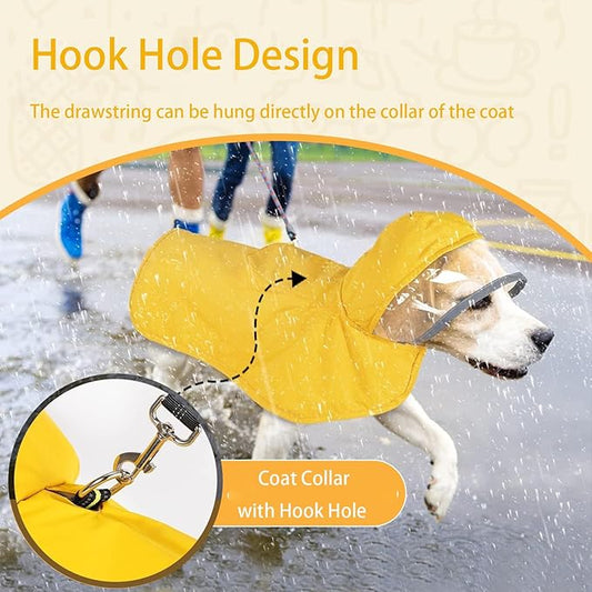 Reflective Dog Raincoat with Hood, Reflective Rain Jacket for Dogs, Adjustable Dogs Rain Coat Poncho with Straps for Small Medium Dogs, Lightweight Puppy Clothes for Puppies (Yellow, L)