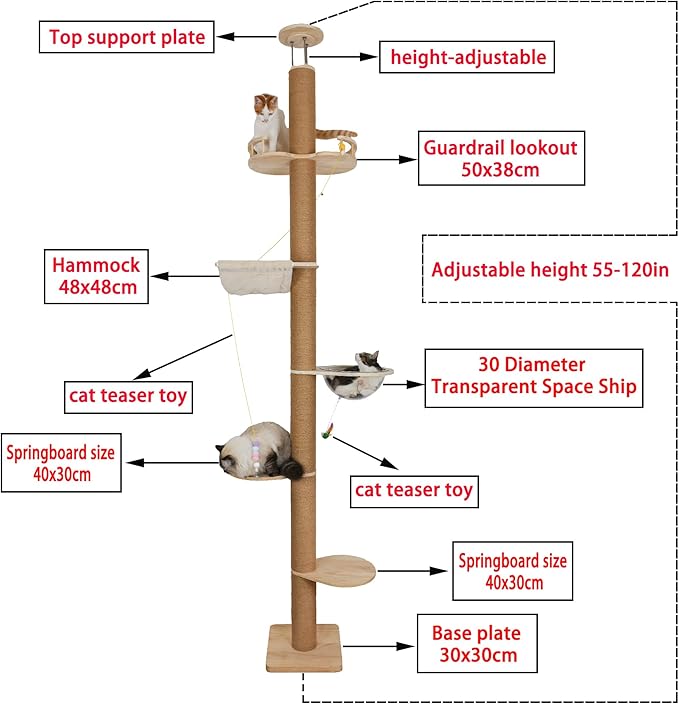 Floor to Ceiling Cat Tree Height (50-120in) Adjustable Cat Tower 5 Tier Hemp Scratching Post High Cat Tree Sturdy Activity Tree Indoor Outdoor Cat Scratching Post Activity Center