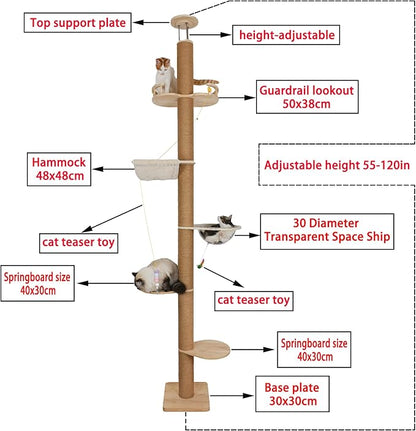 Floor to Ceiling Cat Tree Height (50-120in) Adjustable Cat Tower 5 Tier Hemp Scratching Post High Cat Tree Sturdy Activity Tree Indoor Outdoor Cat Scratching Post Activity Center