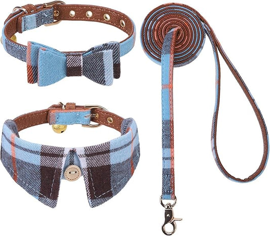 KOOLTAIL Small Boy Dog Collar and Leash Set with Bowtie and Bells - Male Puppy Collar and Leash with Classic Plaid Matching Pattern, Soft Leather Leashes for Small Dogs Boys,Shirt Collar Plaid