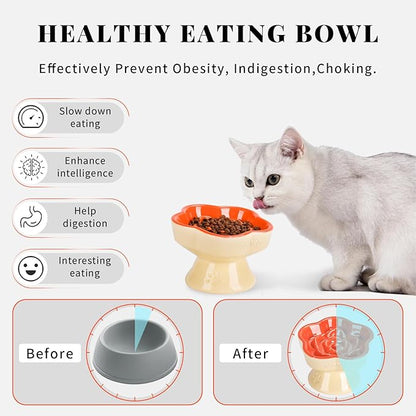 S&Q's CERAMICS Raised Slow Feeder Cat Bowl, Ceramic Glass Elevated Pet Food Bowl Small Dogs Slow Feeder, Flower Shaped Cute Dish for Dry and Wet Food (Orange, 5.8")