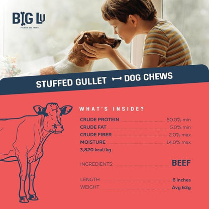 Big Lu - 6-Inch Stuffed Beef Jerky Sticks for Dogs, 20 Count, Premium All-Natural Gullet Chews, High-Protein, Easily Digestible, Supports Dental Health and Joint Mobility