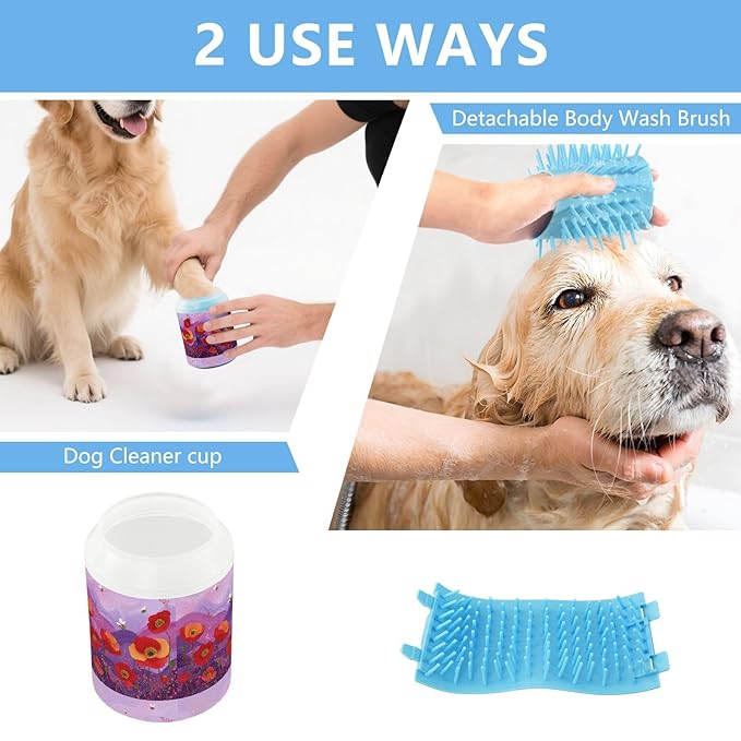 Dog Paw Cleaner Cups for Dogs Pets Foot Washer Paw Scrubber for Medium Small Cats Dogs Cleaning Cup Poppy Flowers Dots and Bees