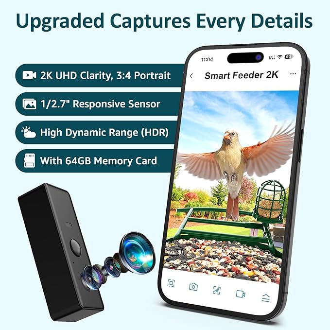 BIRDLEGEND-BL03 2L Large Bird Feeder with Camera Solar Powered, 2K Clarity 3:4 Portrait Free AI Identify Arrival Alerts with 64GB Card Smart Cameras Birds Feeders Wireless Outdoor Gift for Bird Lover