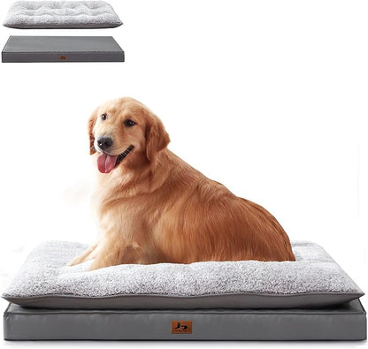 Washable Dog Bed for Medium Large Size Dog, Plush Pillow Pet Bed with Cooling Leather Egg-Crate Foam Base, Waterproof Kennel Bed with Removable Cover, 36" x 27" Comfort Cushion Bed, Dark Grey