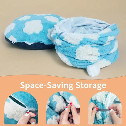 Cat Tunnel Bed for Indoor Cats, Plush Washable Cushion Peekaboo Play Space for Kittens, Puppies, Rabbits, Multifunctional Collapsible Design, Soft Collapsible Cat Cave with Central Mat (Blue)