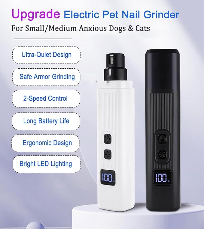 Upgrade Electric Pet Nail Grinder with LED Lights - 2-Speed Super Quiet and Low Vibration Rechargeable Cat Nail Trimmers,Professional Painless Pet Paws Grooming Tool, Small Medium Anxious Dogs & Cats