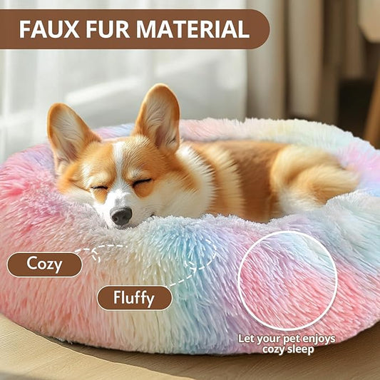 JOLLYVOGUE Small Dog & Cat Beds for Indoor Cats, Donut Cuddler Warming Soft Dog Beds with Anti-Slip Bottom, Round Calming Fluffy Plush Faux Fur Cushion Bed for Large Dogs (36", Rainbow)