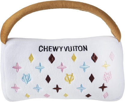 Haute Diggity Dog White Chewy Vuiton Handbag, Plush Designer Dog Toys with Interactive Squeaker, Stimulating Pet Enrichment, Machine-Washable & Safe Materials for All Breeds, Size XL