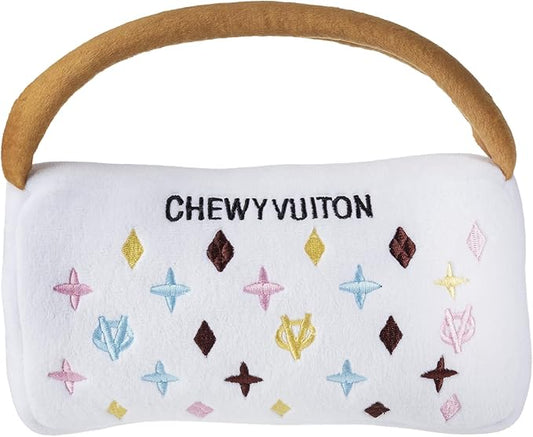 Haute Diggity Dog White Chewy Vuiton Handbag, Plush Designer Dog Toys with Interactive Squeaker, Stimulating Pet Enrichment, Machine-Washable & Safe Materials for All Breeds, Size XL