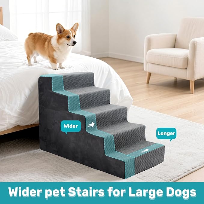Dog Stairs for Bed, Extra Wide 5-Step Dog Steps for High Bed, High-Density Foam Pet Stairs with Non-Slip Removable Washable Cover for Small Pets, 23" H, Grey