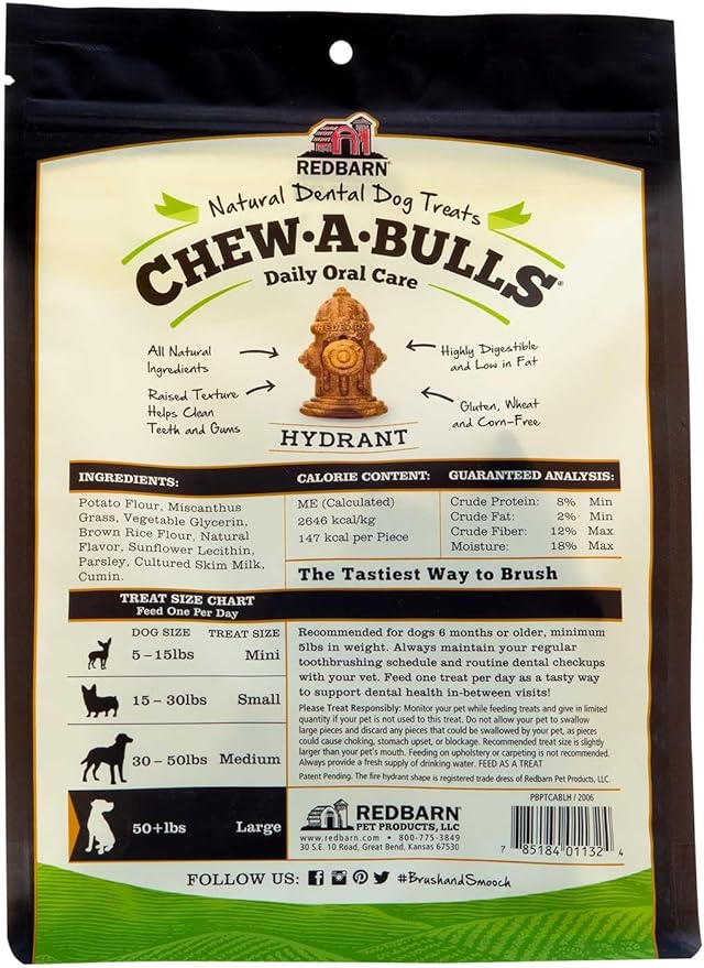 Redbarn Chew-A-Bulls, 6 Pack – Large Hydrant Shape Dog Dental Treats – Daily Oral Care with Fun Ridges & Grooves, All Natural Ingredients, Highly Digestible Chews & Low in Fat