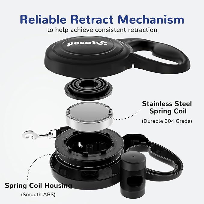 Pecute 32ft Retractable Dog Leash with Reflective Strips, One-Button Control & Sturdiness Nylon Material, Long Leash Retractable with Poop Bag Holder for Medium Large Dog