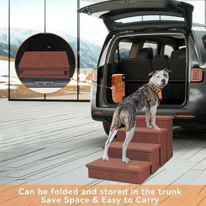 Dog Stairs with Condo 23" H, 4-Step Wider Dog Steps for High Beds Window, Folding Storage Pet Stairs Gift for Small/Medium/Large Old Dogs Cats, Ramp for Climbing Car Hold Up to 200 lbs, Brown