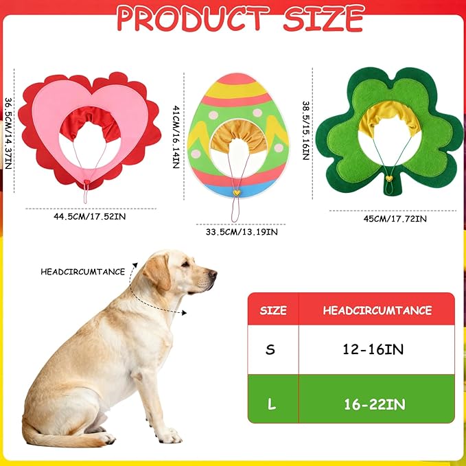 3 PCS Holiday Dog Outfits Set, Valentine’s Day, St. Patrick’s Day, Easter Dog Outfits with Adjustable Headband for Medium Large Dogs, Dog Cat Holiday Party Costumes and Supplies (L: 16"-22")
