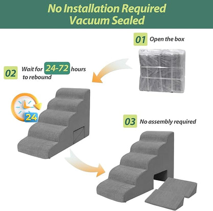 Dog Stairs for Small Dogs and Cats, 5 Tier Dog Steps for Bed and Couch, 23" H Non-Slip Foam Pet Stairs, Gray