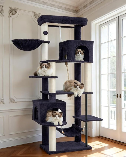 Cat Tree for Indoor Cats Large Adult, 70.5'' Cat Tower with Scratching Post, Sturdy Steel Pube Cat Tree Tower with Large Playing Platfrom, Hammock and Basket, Top Perch, Drak Gray GCT024G