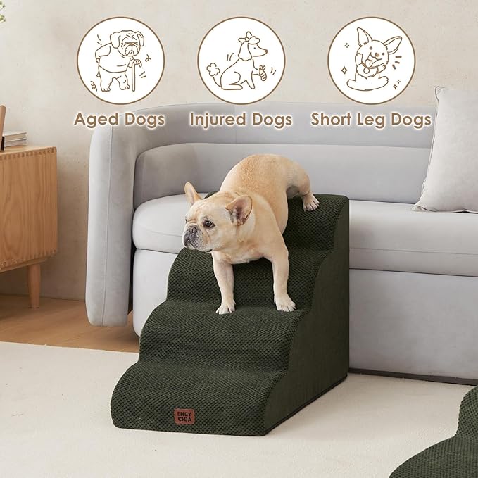 EHEYCIGA Curved Dog Stairs Ramp for High Beds 19.7" H, 4-Step Dog Steps for Small Dogs and Cats, Pet Stairs for High Bed Climbing, Non-Slip Balanced Pet Step Indoor, Military Green