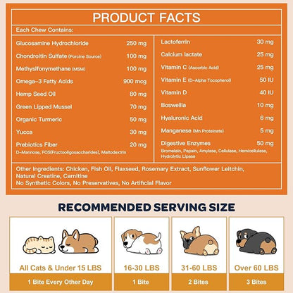 NATURE TARGET Glucosamine Joint Supplement for Dogs, Chondroitin, Omega-3, MSM, Hemp, Turmeric for Pain Relief, Dog Joint Supplement with Calcium for Bone Health, 120 Chicken Flavored Crunchy Chews