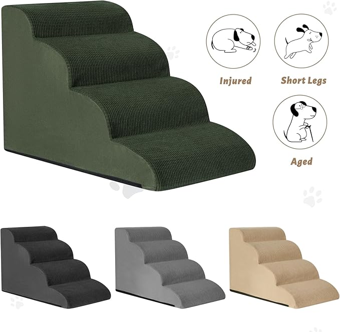 Dog Steps for Bed, 4-Step Dog Stairs Ramp for Small Dogs and Cats, Indoor Non-Slip Pet Stairs Suitable for Older, Short-Legged, and Puppy Dogs to Climb Onto High Beds and Couch, 17.4" H,Green