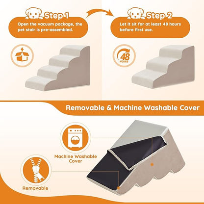 Pet Stairs, Dog Stairs for Small Dogs, Dogs Steps, 3-Step Curved Dog Ramp for Bed, Couch, Sofa, Car and Chairs, Non-Slip Bottom Design, Cat Scratching Board, High Density Foam Portable Pet Step, Beige