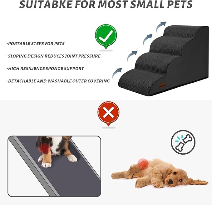 Dog Steps for Bed, 4-Step Dog Stairs Ramp for Small Dogs and Cats, Indoor Non-Slip Pet Stairs Suitable for Older, Short-Legged, and Puppy Dogs to Climb Onto High Beds and Couch, 17.4" H,Black