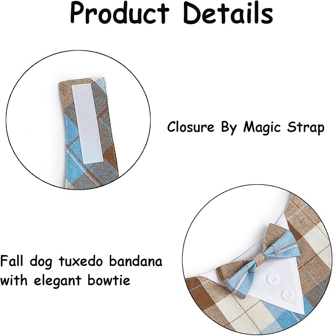 HDGDT Fall Dog Tuxedo Bandana, Orange Plaid Pet Collar with Bowtie, Adjustable Halloween Thanksgiving Dog Tux Costume for Small to Extra Large Pets