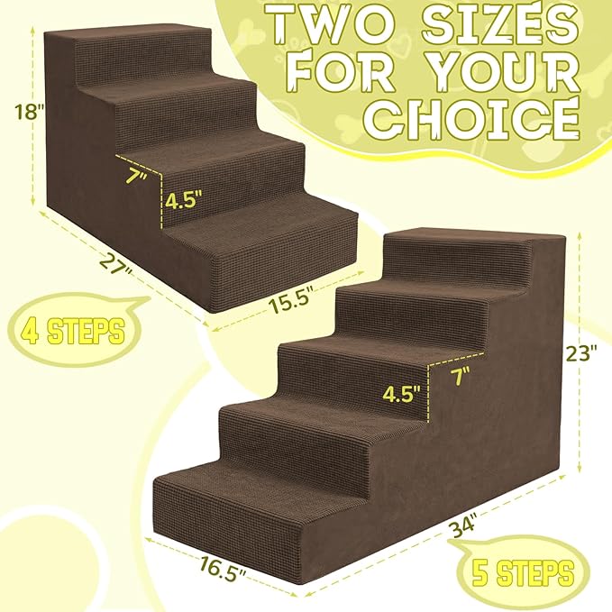 Niubya Dog Stairs for Small Dog and Cats,23”H Non-Slip Bottom Pet Steps for High Beds and Couch,High-Density Foam Pet Stairs Brown,5 Steps