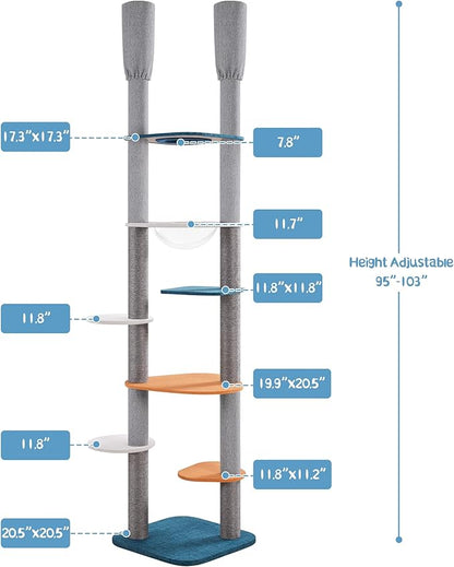 Yaheetech Floor to Ceiling Cat Tree, Cat Climbing Tower with 95-103In Adjustable Height and 6 Scratching Posts, Sturdy Platforms, Multi-Level Window Perches