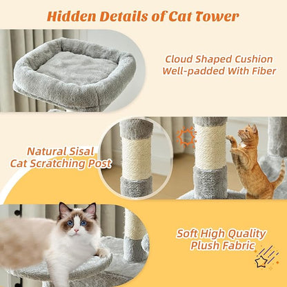 Sweetcrispy 44 inch Cat Tree Tower, Small Cat Climbing Tower with Condo, Natural Sisal Scratching Posts, Extended Platform, Hammock, Pet House for Indoor Cats and Kittens Play, Light Grey