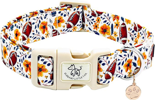 Elegant little tail Fall Dog Collar, Rugby with Flower Print Autumn Pet Collars Dog Cotton Soft Sturdy Puppy Collars Holiday Female Adjustable Collar for X-Small Dogs
