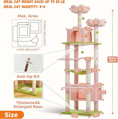PAWZ Road Flower Cat Tree for Large Cats, 81 Inches Pink Tall Cat Tower with 2 Perches, 2 Condos and Spacious Hammock, XL Extra Large Condo with 7 Scratching Posts for 20lb+ Adult Cats
