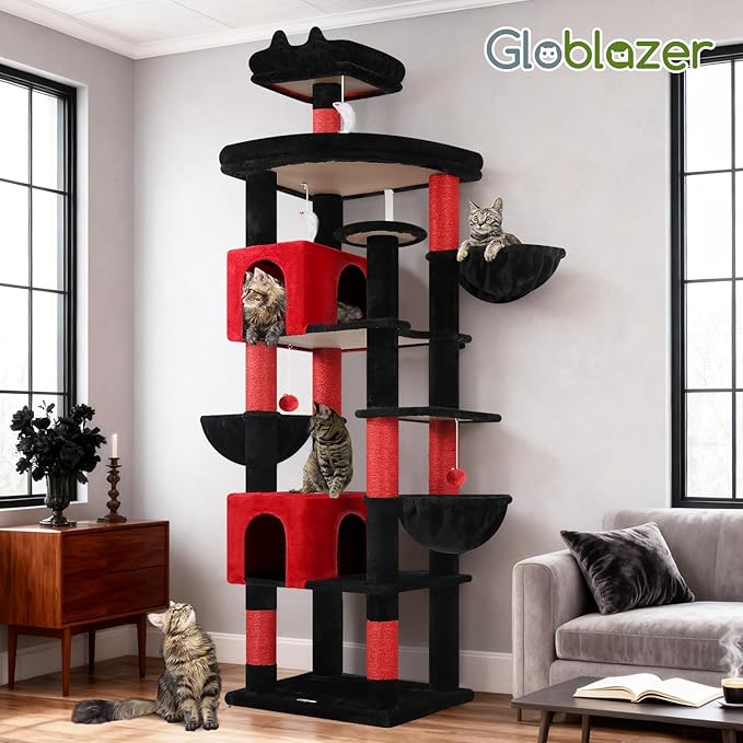 Globlazer Extra Large Gothic Cat Tree Tower, 82in Tall Goth Heavy Duty Cat Tree for Indoor Cats Large Adult Big Cat Tower with 8 Scratching Posts, 2 Condos, 2 Perches, 3 Basket Beds, S82, Red Black