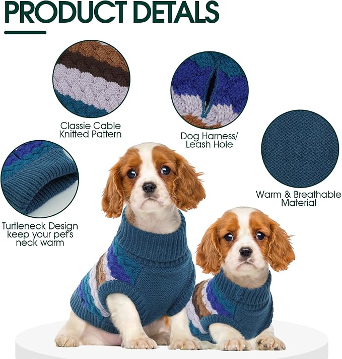 Kuoser Dog Sweater, Thermal Dog Sweaters for Medium Dogs Girl Boy, Puppy Christmas Sweater Thrtleneck Knitwear, Cozy Sweaters for Dogs, Thanksgiving Pet Outfit Warm Clothes for Fall Winter, Blue M