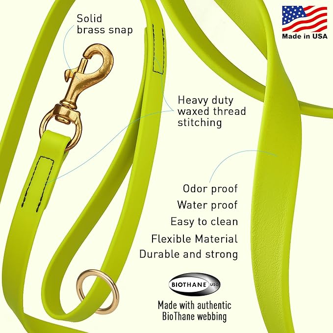Viper Biothane K9 Working Dog Leash Waterproof Lead for Tracking Training Schutzhund Odor-Proof Long Line with Solid Brass Snap for Puppy Medium and Large Dogs 6ft, Safety Yellow