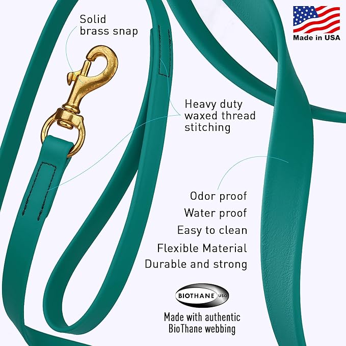 Viper Biothane K9 Working Dog Leash Waterproof Lead for Tracking Training Schutzhund Odor-Proof Long Line with Solid Brass Snap for Puppy Medium and Large Dogs, 15ft Blue Aqua