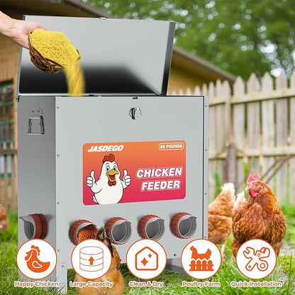 JASDEGO Metal Chicken Feeder No Waste 10 Ports Automatic Poultry Feeder Large Capacity 85 Pounds with Latch & Handle for Chickens Bantams Pheasants Poultry Coop Weatherproof