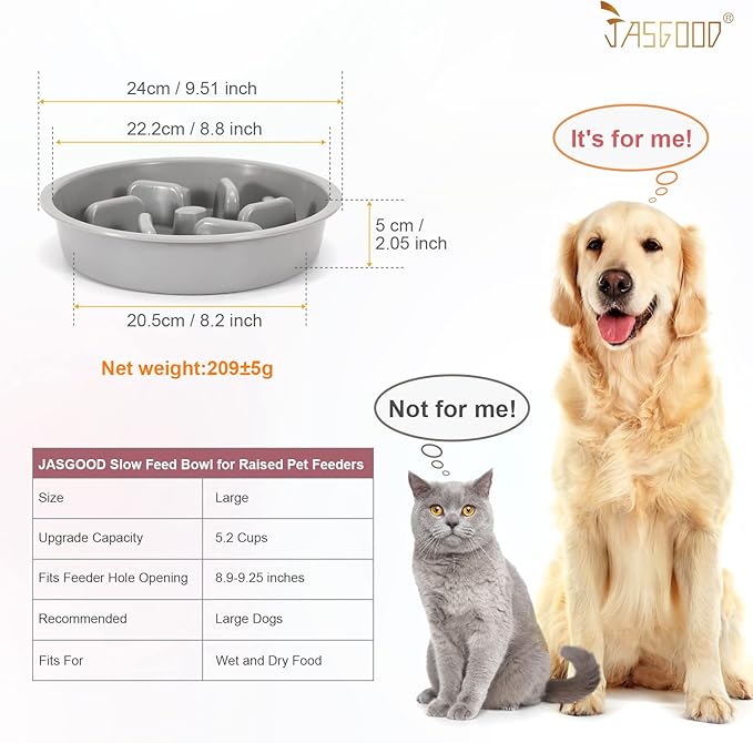 JASGOOD Largr Dog Slow Feeder Bowl - Reduce Slip Puzzle Bowl for Elevated Diners - Gray, Fit Opening 8.9"-9.25"