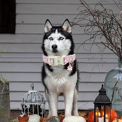 Elegant little tail Halloween Dog Collar, Ghost Print Pink Halloween Pet Collars Cotton Soft Sturdy Puppy Collars Holiday Female Adjustable Collar for X-Small Puppy