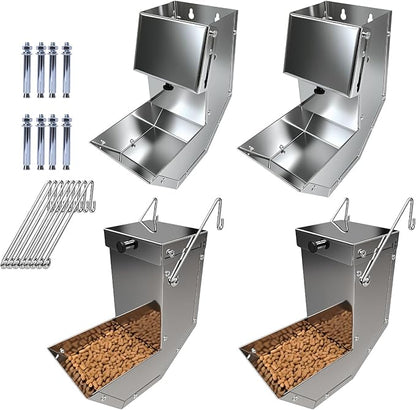 Small Animal Gravity Feeder 4 Pcs - Stainless Steel Pet Feeding Rabbits Feeder, Anti-Corrosion Durable with Sliding Lid for Indoor Outdoor Cage Use