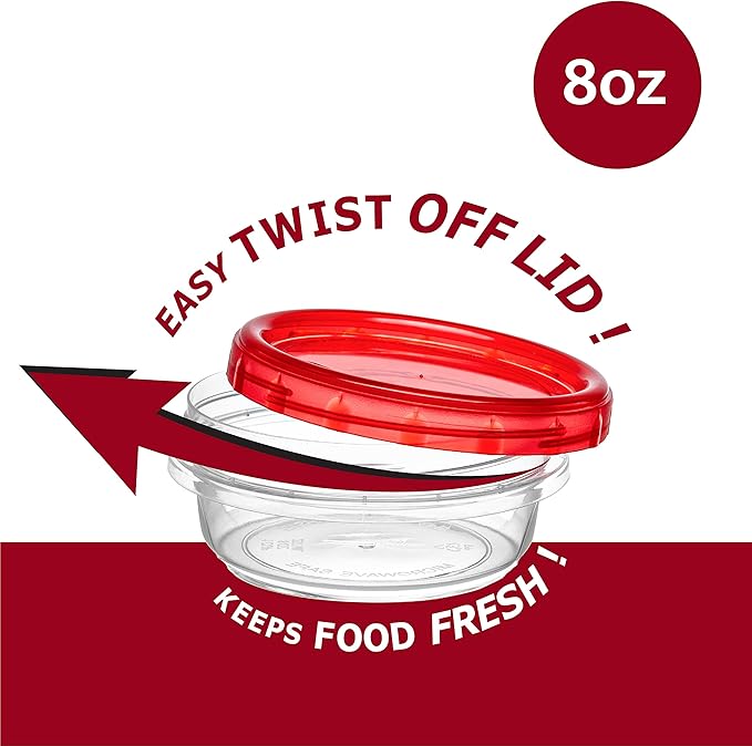(8 Ounce 20 Pack) Twist cap Containers Clear Bottom With Red Top Screw on Lids Twist Top Food Storage Freezer Containers